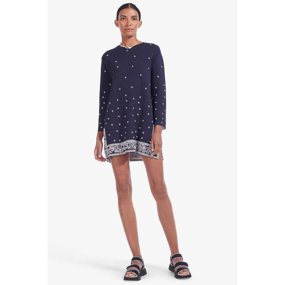 STAUD Navy Blue Long-Sleeve Tunic Dress with White Dot & Border Print